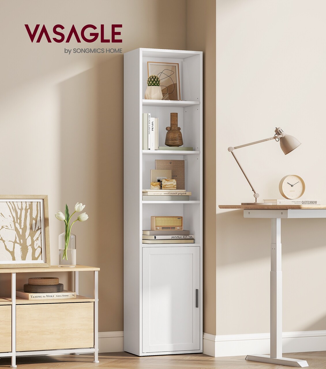 Biblioteca ingusta, Vasagle, 31.8x24x175 cm, PAL/MDF, alb cloud - imagine 7
